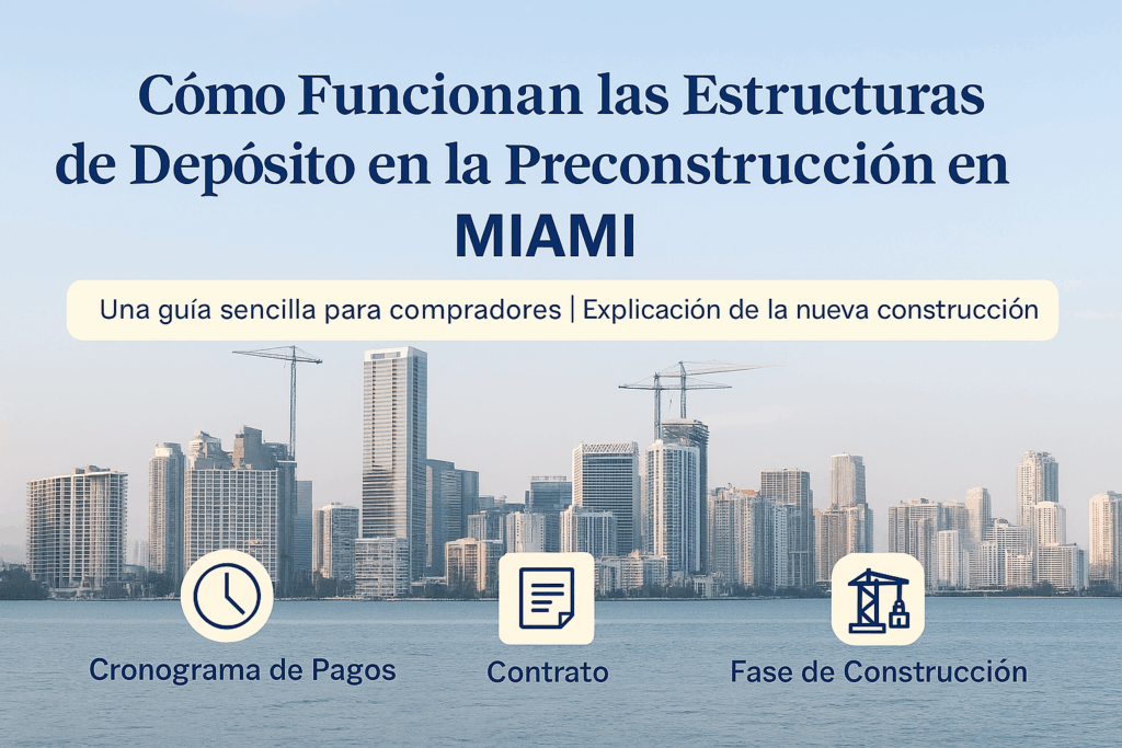 Gráfico informativo que explica cómo funcionan las estructuras de depósito en proyectos de preconstrucción en Miami, con un fondo del skyline de la ciudad y tres íconos sobre cronograma de pagos, contrato y fase de construcción.