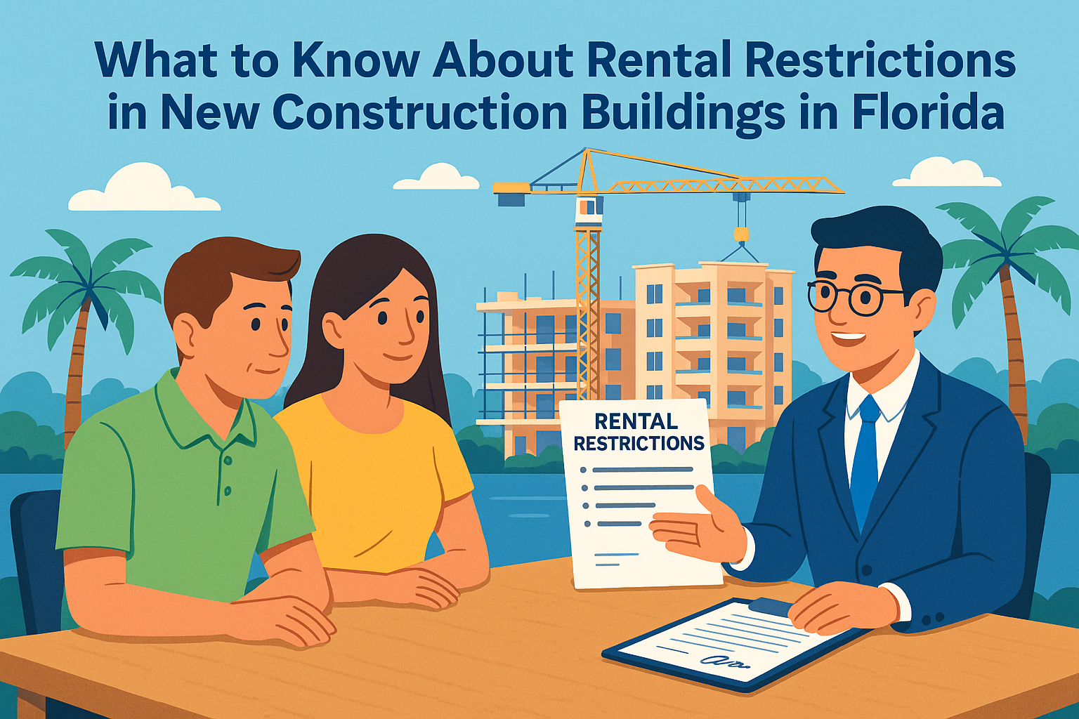 Illustration of a couple reviewing rental rules for a Miami new construction condo with modern buildings, palm trees, and construction cranes in the background.