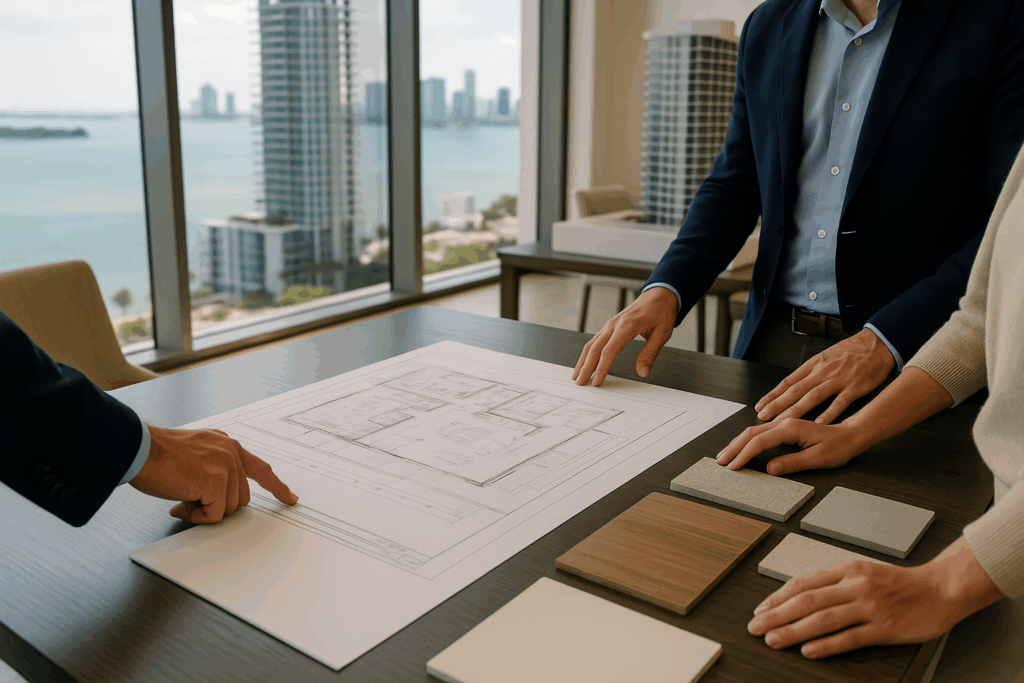 Two people reviewing architectural blueprints and material samples inside a luxury Miami condo sales gallery with large windows overlooking Biscayne Bay.