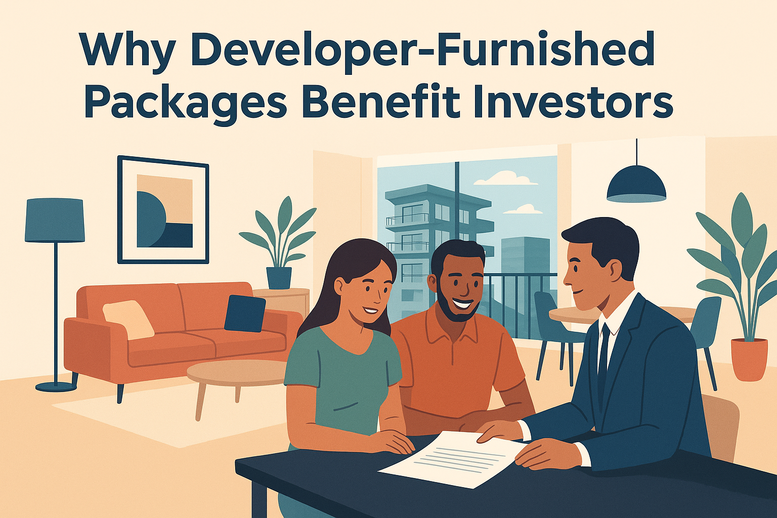 Illustration of an investor reviewing a developer furnished package inside a modern Miami condo with curated furniture and skyline views.