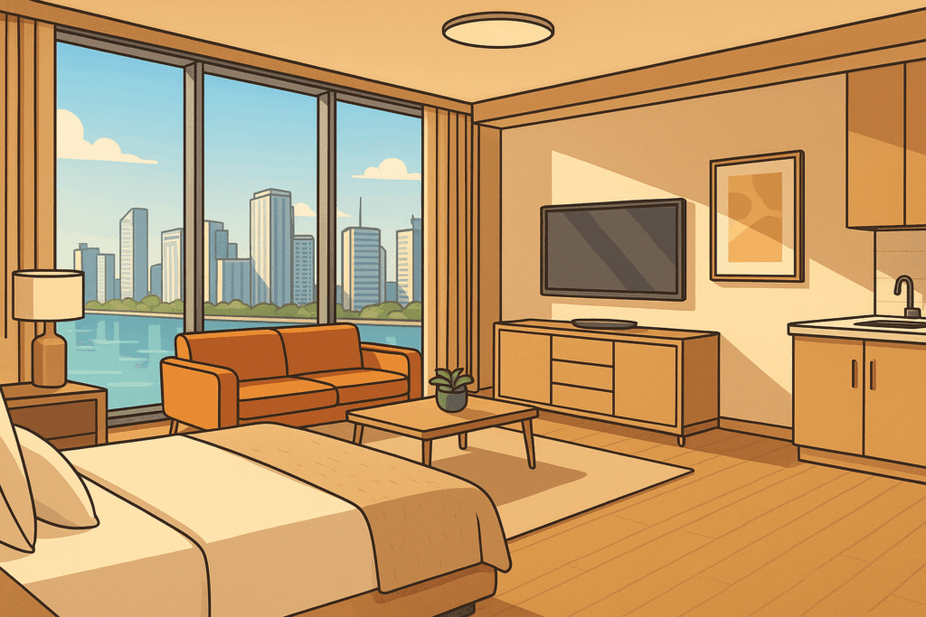 Cartoon-style illustration of a modern Miami short-term rental condo interior with warm neutral furnishings, large windows, and skyline views, created for the blog “The Truth About Short-Term Rental Buildings.”