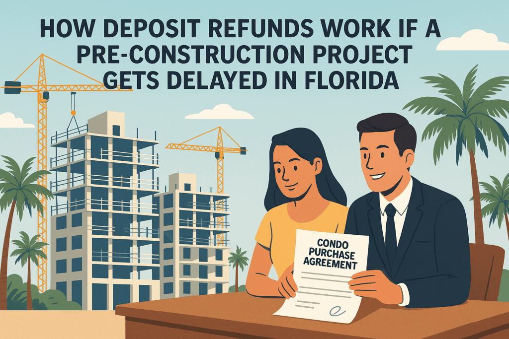 Illustrated couple reviewing a condo purchase agreement in front of a Florida pre-construction development with cranes and palm trees, representing buyer protection and deposit refunds.