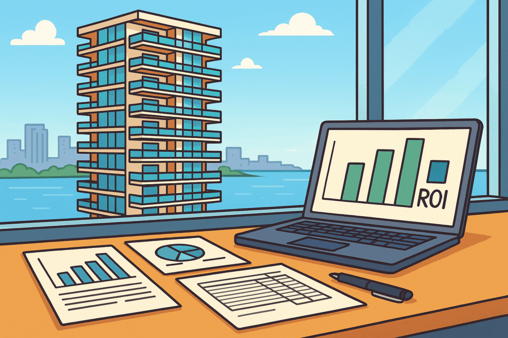 Cartoon illustration of a woman reviewing condo financial documents at a desk with charts, a laptop showing ROI graphs, and a modern Miami condo building visible through large windows.