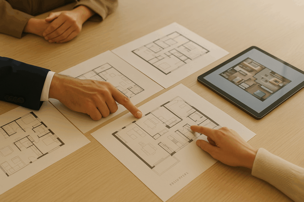 Hands pointing at printed condo floorplans on a table with a digital tablet displaying a unit layout.