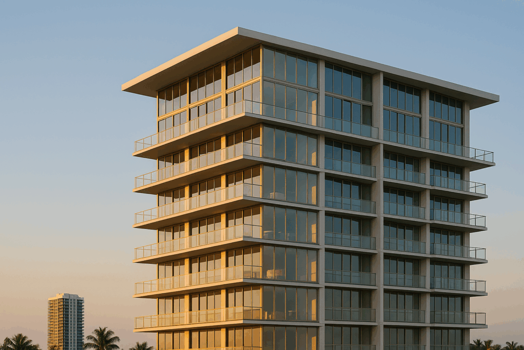 Luxury high-rise condo in Miami at golden hour with modern glass facade and minimalist architectural design