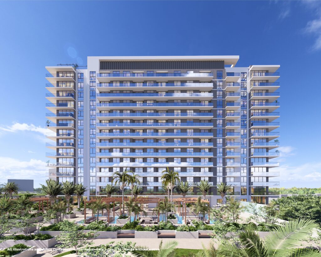 Rendering of Gaia Residences, a modern high-rise luxury condominium building in Hollywood, FL, featuring multiple glass balconies, set amidst tropical landscaping and palm trees.