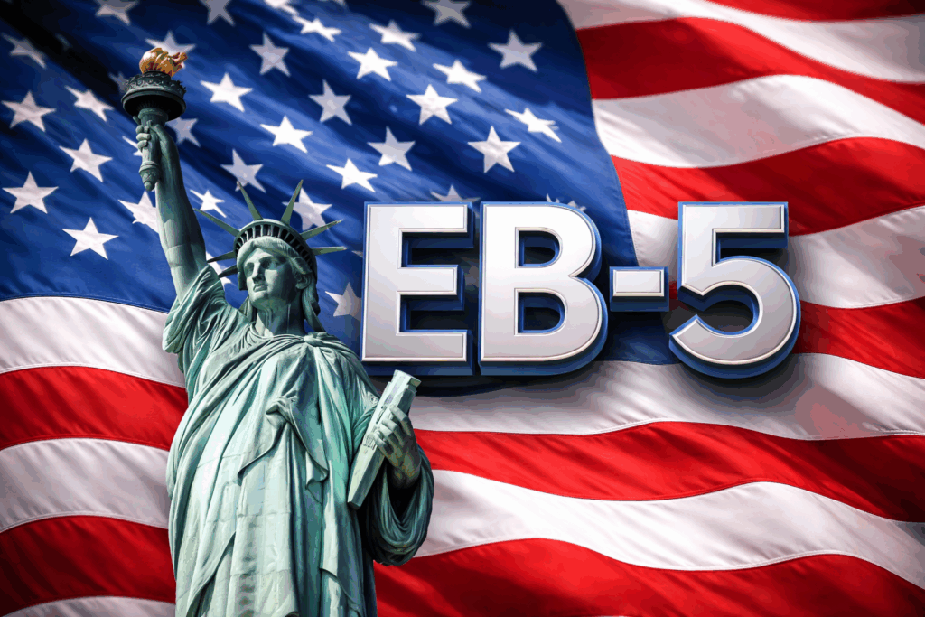 EB-5 approved U.S. real estate investment with American flag and Statue of Liberty