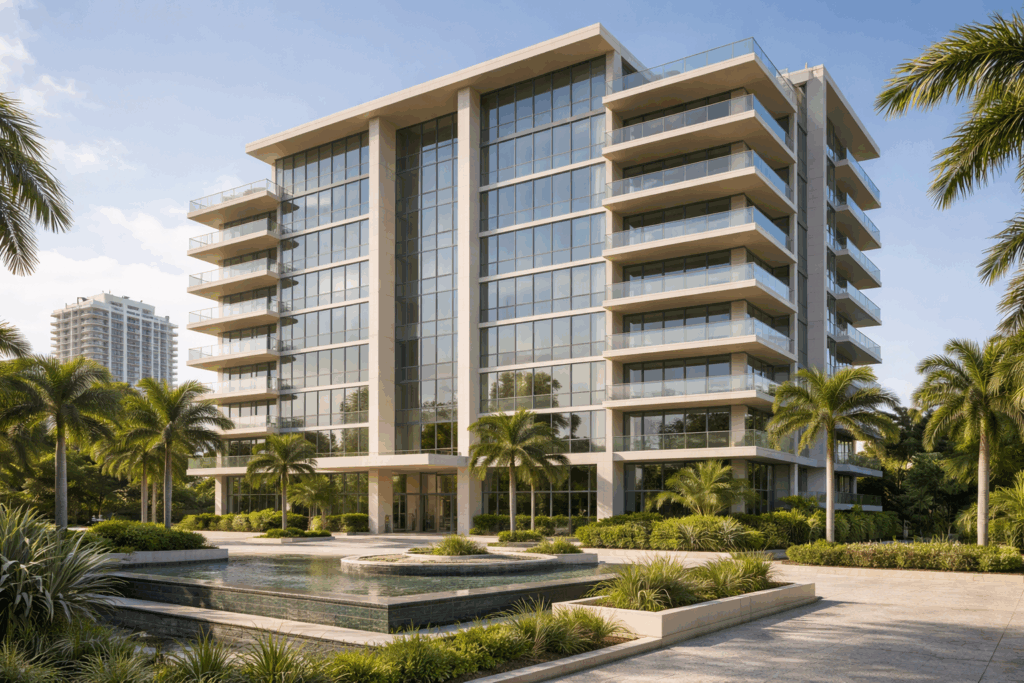 New construction condominium building with modern glass facade and landscaped common areas