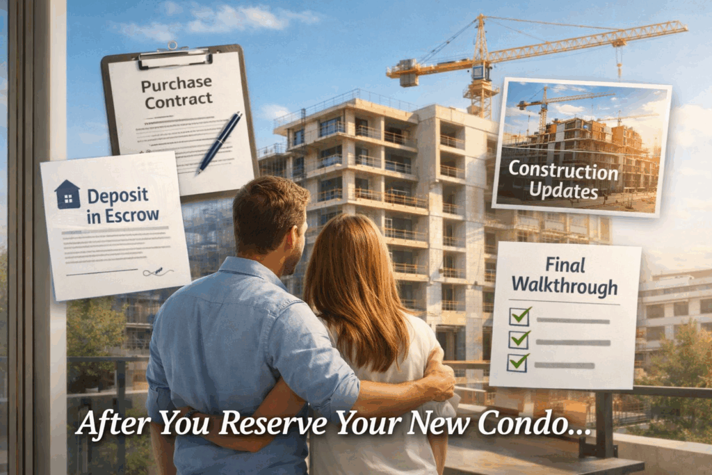 New construction condo buying process showing plans, keys, and active construction site