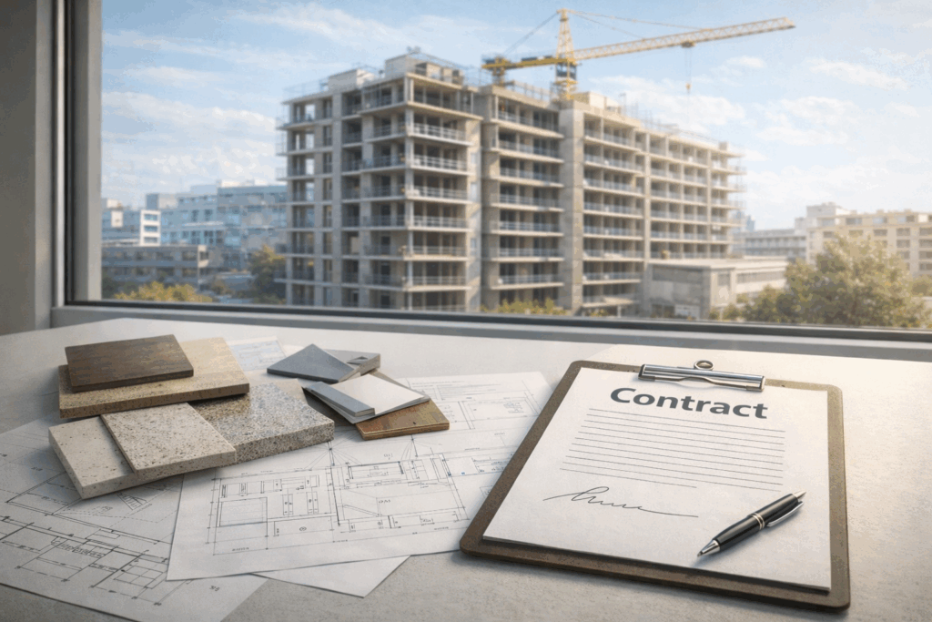 Signed new construction condo contract with finish samples and building under construction in background