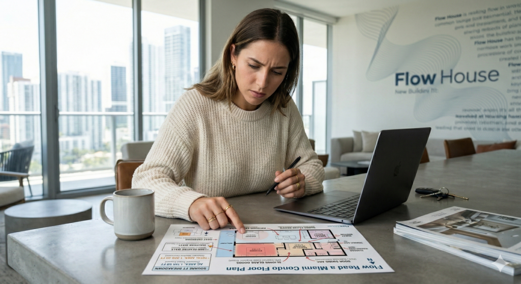A woman at a desk with a laptop, intensely studying a printed Miami condo floor plan, using a pen to trace dimensions.
